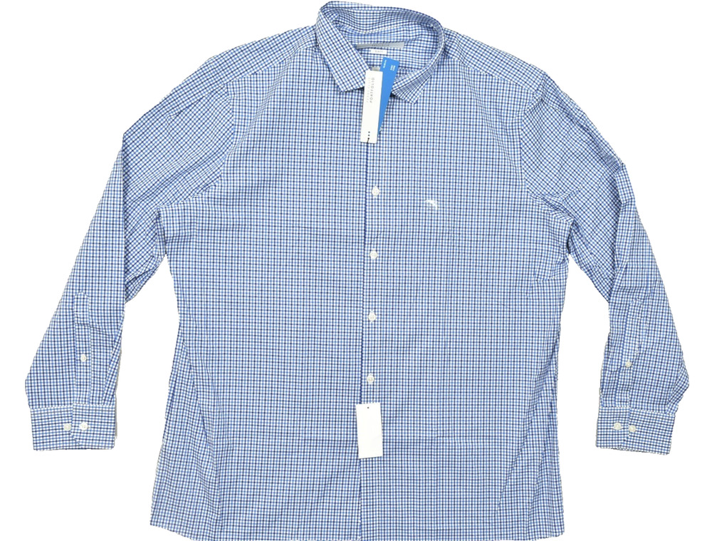 Perry Ellis Portfolio Mens XXL 18 34/35 Slim Fit Blue Gingham Check Long Sleeve